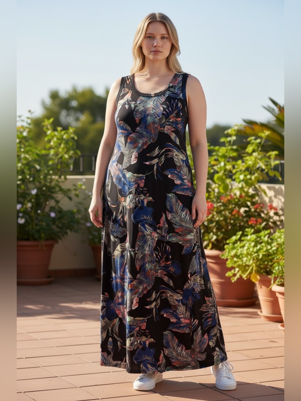 Karen Kane Sleeveless Slinky Black Tropical Maxi Dress Size 0X